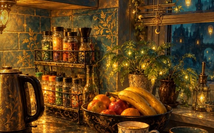 El lugar de hoy: una cocina cálida de noche, pintada de nuevo en el Jardín Sumergido, con un frutero, una tetera y una ventana hacia una ciudad de faroles.