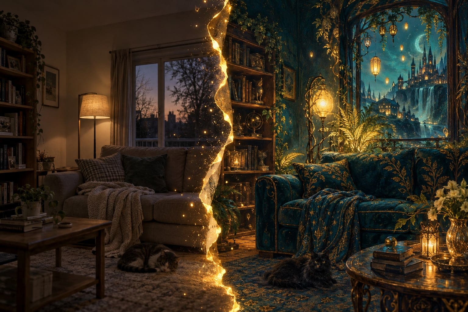 Una sala al anochecer, rasgada por una grieta de luz dorada. Al otro lado, la misma sala continúa como un mundo pintado e iluminado por faroles, con una ciudad de agujas tras la ventana.