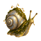 Un caracol musgoso con una concha de plata enroscada