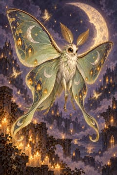 La Polilla Luna: una gran polilla verde pálido con lunas crecientes en las alas.