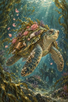 Nerea, la que Lleva el Jardín: una vieja tortuga marina con rosas de coral en el caparazón.