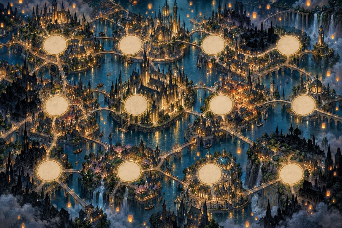 El mapa pintado del Cartógrafo de la Ciudad de los Faroles: doce distritos a lo largo de caminos sinuosos, cinco de ellos encendidos por lugares sellados.