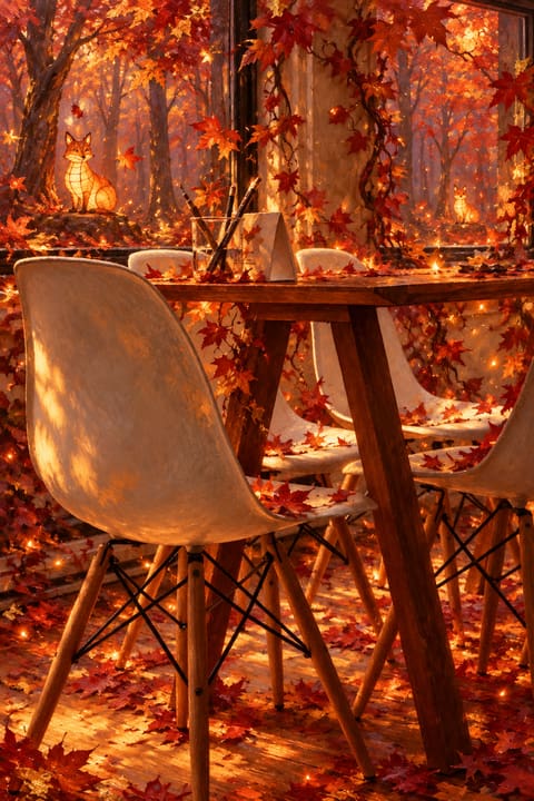 El rincón del comedor en el Bosque de Brasas: hojas rojas de otoño y ramas que atravesaron las paredes, bañadas por una luz cálida.