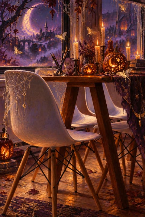 El rincón del comedor bajo la Luna Hueca: velas, calabazas talladas, polillas y telarañas a la luz de una luna morada y torcida.