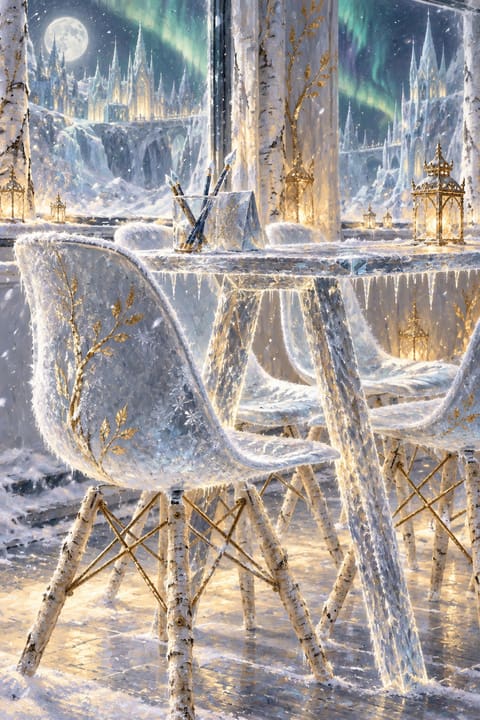 El rincón del comedor en la Corte de Invierno: sillas escarchadas, una mesa de abedul y hielo, y una aurora verde sobre un palacio helado.