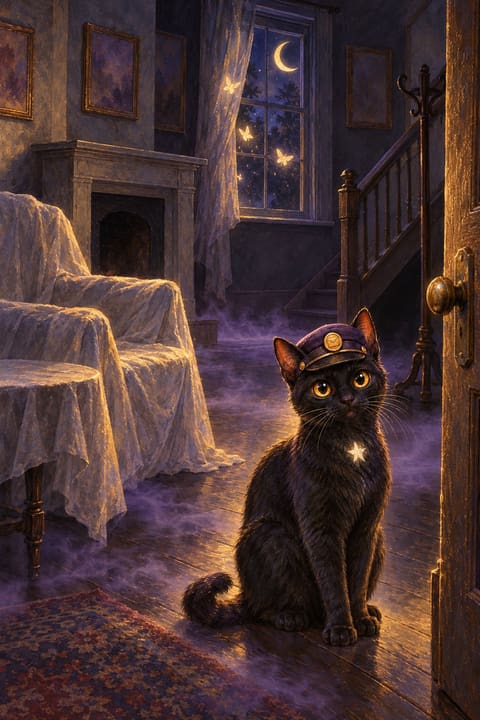 Una casa vieja a oscuras, con los sillones cubiertos por sábanas y una gata negra con gorra de cartera en el piso, vista a la luz de un círculo de farol.