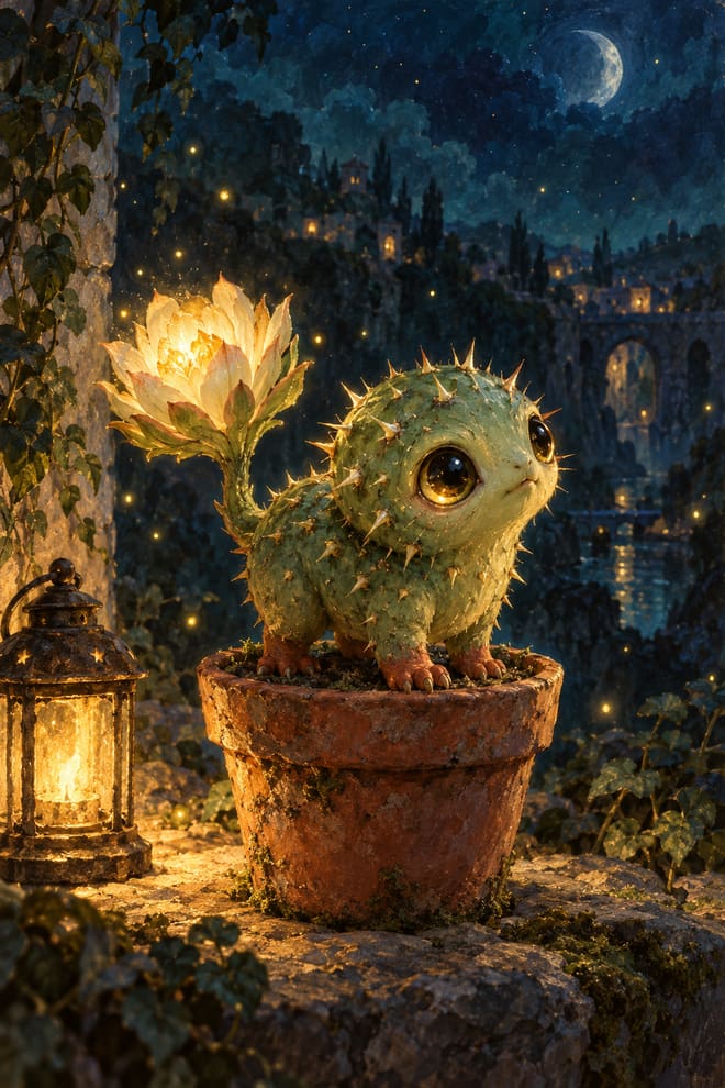 Dedal Espinoso: una criatura verde del tamaño de un pulgar, con espinas de cactus, patas rojo arcilla y una sola flor luminosa por cola, de pie en una maceta de terracota.