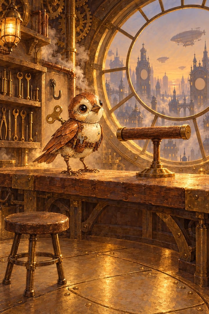 Un taller redondo en lo alto de una torre del reloj: Minuto, un gorrión de hojalata, está sobre el banco de trabajo junto a una gran ventana redonda, donde el sol espera bajo el horizonte.