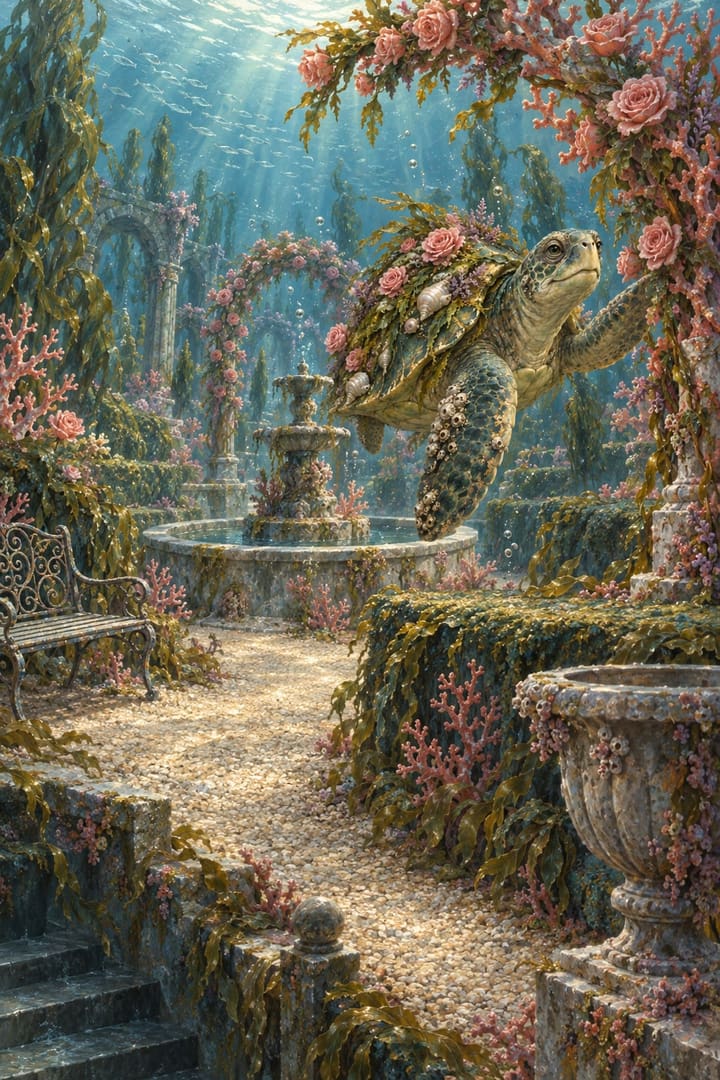 Un jardín antiguo bajo un mar en calma: un sendero de grava, arcos de rosas de coral, una fuente hundida y Nerea, una vieja tortuga marina con un jardín que le crece en el caparazón.