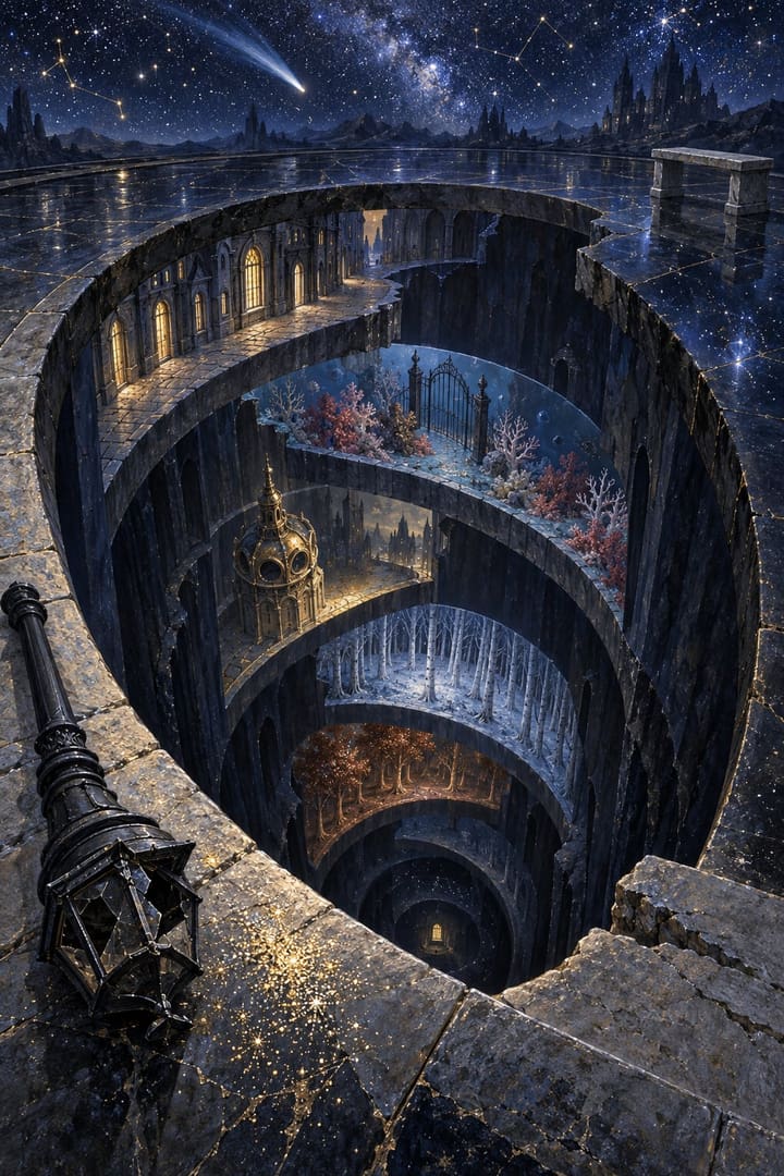 El brocal de un pozo inmenso bajo las estrellas, donde unos lugares caídos bajan como una escalera hacia una diminuta ventana encendida, muy al fondo.