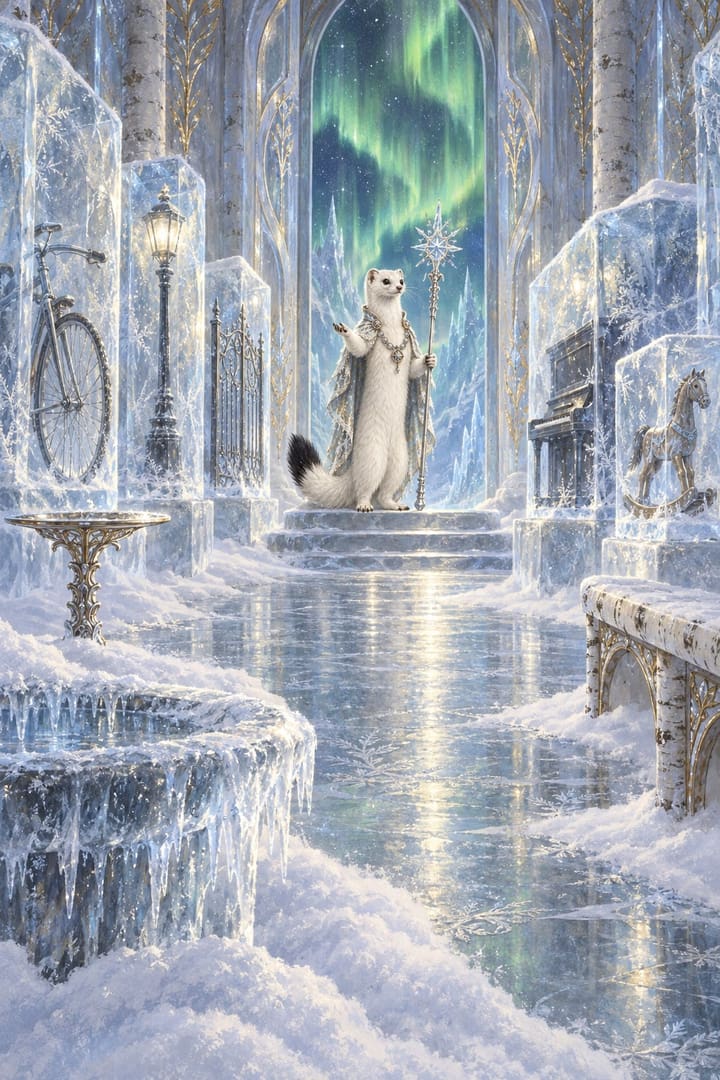 La antesala de hielo de la Reina de Plata, donde una bicicleta, un farol de calle y un piano de nuestro mundo esperan, cada uno sellado en un alto bloque de hielo, y Armiño, su heraldo, aguarda bajo una aurora verde.